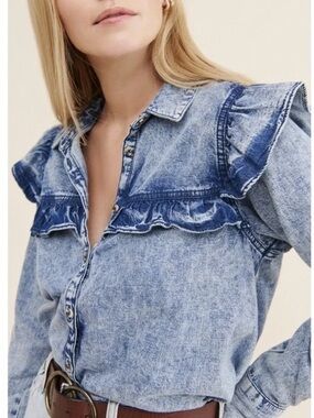 Free People Samantha Ruffle Denim Shirt XS